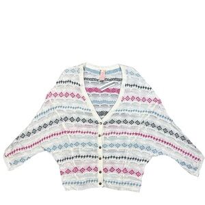 Anthropologie Tulle Women's Cardigan - White with Pink/Blue/Black Design Medium